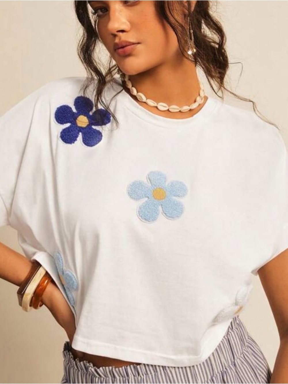 White Floral Appliqué Cropped Tee - Blue Flower Detail